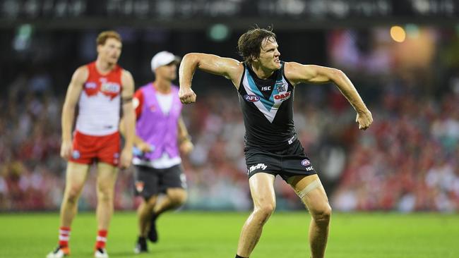 Jared Polec celebrates a goal against Sydney. Picture: Brett Hemmings/Getty Images