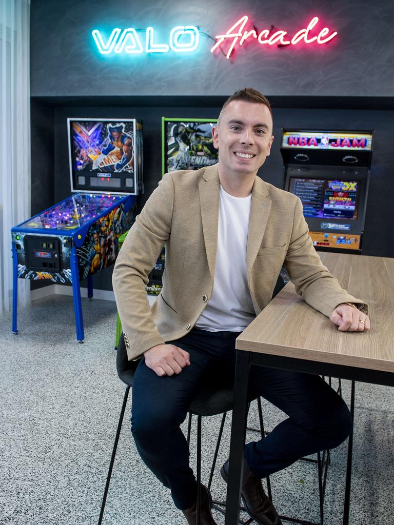 Valo CEO and founder Aaron Hickmann in their Valo Arcade room at his offices and factory at Kent Town in October 2022. Picture Mark Brake