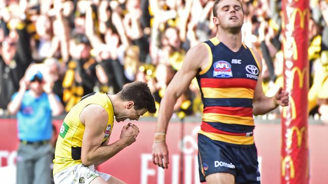 Trent Cotchin celebrates Richmond’s Grand Final win last year despite Adelaide having the wood over the Tigers during the season. Picture: Stephen Harman