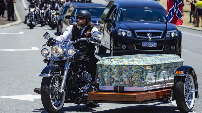 Rebels bikies escort the coffin of slain West Australian gang president Nick Martin to Pinnaroo Valley cemetery for his funeral on Wednesday. Picture: Tony McDonough