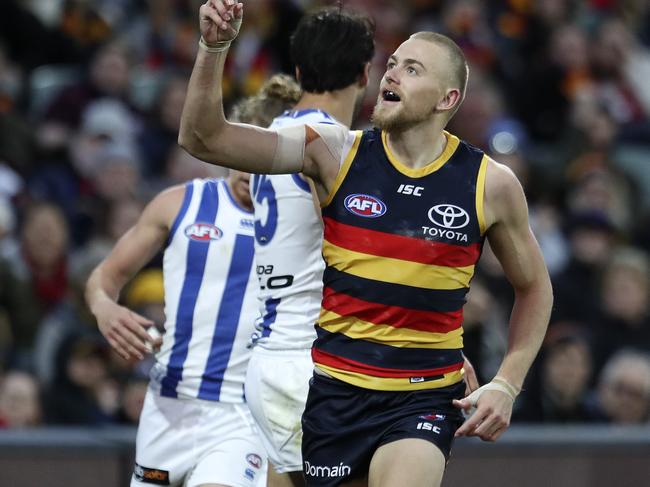 Adelaide’s Hugh Greenwood celebrates a goal. Picture: SARAH REED