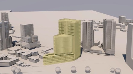 Aerial vision of the proposed $136 million mixed-use development at 431 Macquarie St, Liverpool. Picture: Planning documents