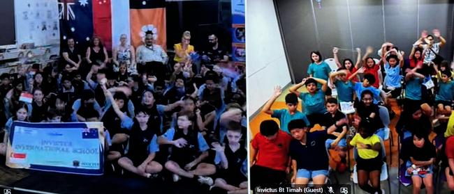 Larrakeyah Primary School Year 6 students (left) join the livestream for the Sister School MOU signing with Invictus International School in Singapore.