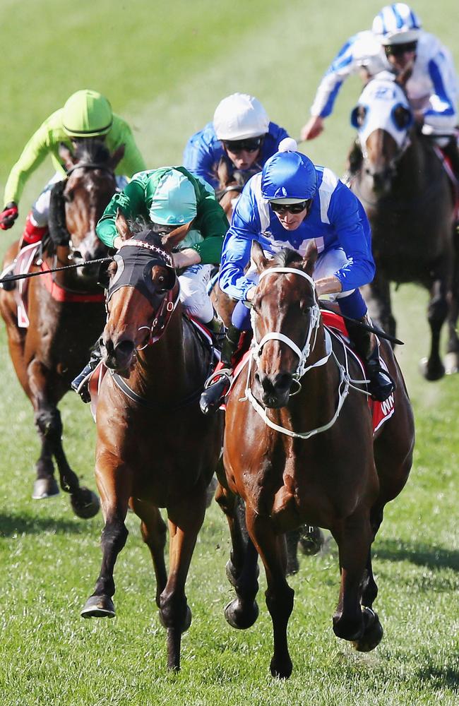 Winx holds off the fast-finishing Humidor (green cap) to win the Cox Plate. Picture: Getty Images