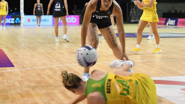 Kiera Austin hits the deck. Picture: Kai Schwoerer/Getty