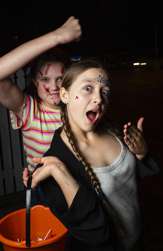 Tahlia Curtis (left) and Myah Murphy on Halloween, Thursday, October 31, 2024. Picture: Kevin Farmer