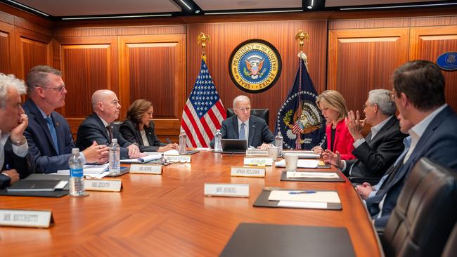 Joe Biden and Vice Kamala Harris briefed by national security advisers and members of law enforcement agencies in the White House Situation Room. Picture: AFP