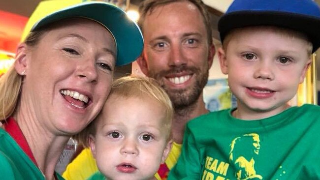 Team Tempo coach Adam Didyk with wife Kate and children Brodie and Lachlan, post marathon at the Commonwealth Games where they are celebrating Trengove’s bronze medal. Picture: Supplied