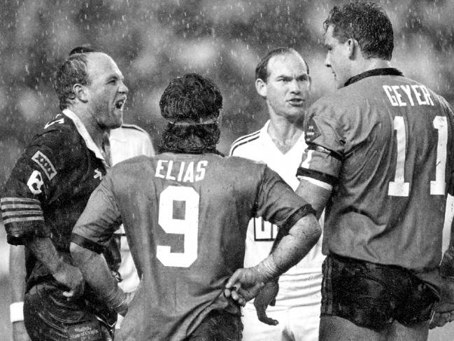 Mark Geyer stood nose-to-nose with the great Wally Lewis in one of State of Origin’s most iconic showdowns in 1991. Picture: Martin Johnston