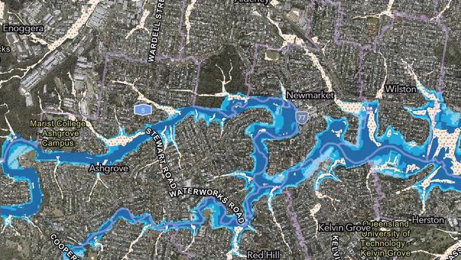 The updated flood map showing different flood risk levels (light to dark blue) along the Enoggera Creek catchment. Image: Brisbane City Council