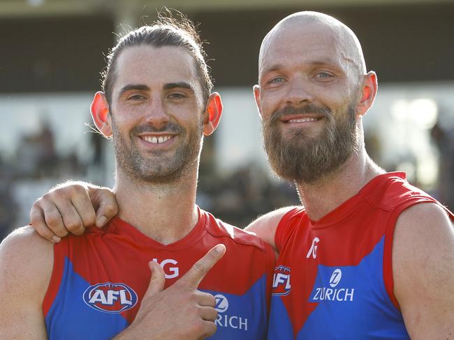 MELBOURNE, AUSTRALIA - FEBRUARY 24: Brodie Grundy and Max Gawn of the Demons pose for a photo during the 2023 AFL match simulation between the St Kilda Saints and the Melbourne Demons at RSEA Park on February 24, 2023 in Melbourne, Australia. (Photo by Dylan Burns/AFL Photos via Getty Images)