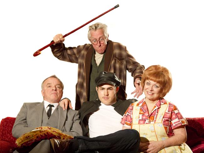 Dennis Olsen (back) with (l-r) Sean Taylor, Renato Fabretti and Jacki Weaver for State Theatre Company production of Entertaining Mr Sloane, 2010.