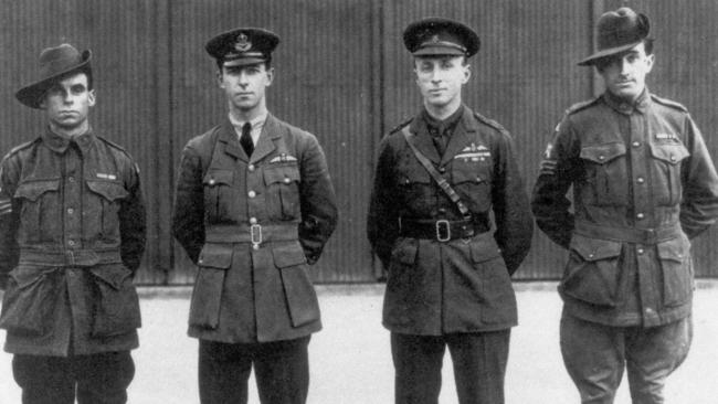 Brothers Keith Smith and Sir Ross Smith (second and third from left) with their mechanics Wally Shiers (left) and Jim Bennett, in the 1920s