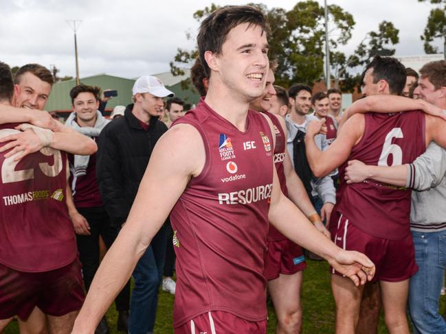 SEPTEMBER 11, 2021: Tyson Brazel and Prince Alfred Old Collegians celebrate after winning the Adelaide Footy League division one grand final between Prince Alfred Old Collegians and Payneham Norwood Union at Richmond Oval. Picture: Brenton Edwards