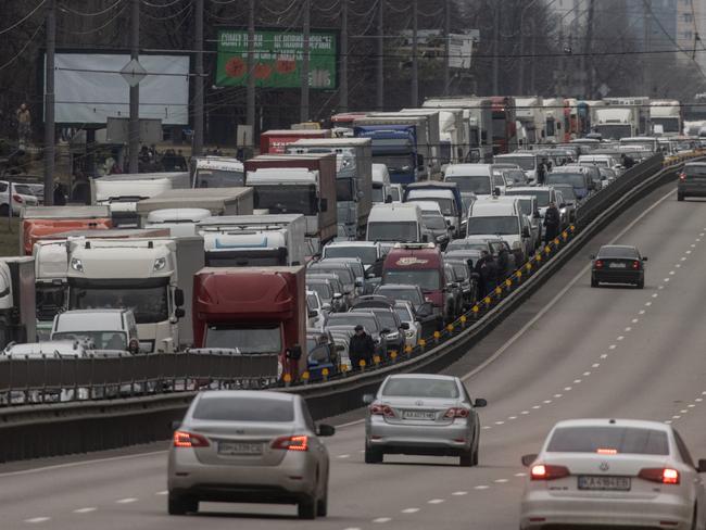 Cars sit at a standstill as people try to leave Kyiv. Picture: Getty Images