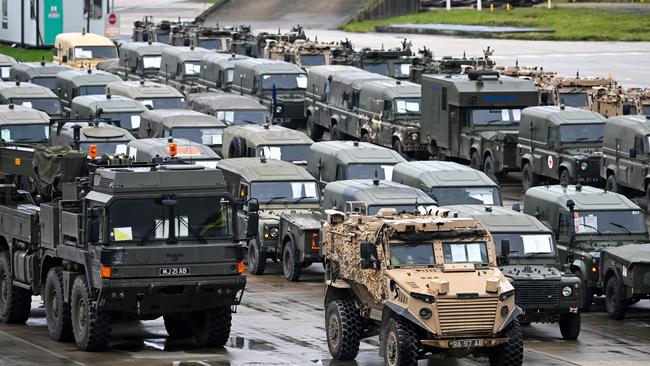 Military vehicles being loaded for NATO exercises in Europe. Picture: Finnbarr Webster/Getty Images