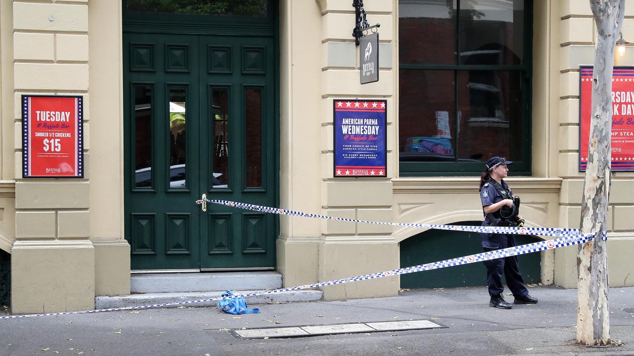 Small crime scene setup in front of the Buffalo Bar on Mary Street, Police have created a crime scene blocking off Mary Street in front of the Westin hotel, Brisbane. Photographer: Liam Kidston.