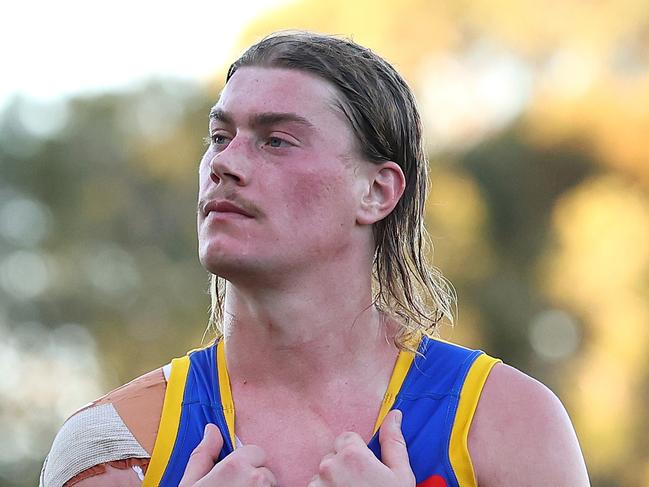 BUNBURY, AUSTRALIA - JUNE 08: Harley Reid of the Eagles walks from the field after being defeated during the round 13 AFL match between North Melbourne Kangaroos and West Coast Eagles at Hands Oval, on June 08, 2025, in Bunbury, Australia. (Photo by Paul Kane/Getty Images)