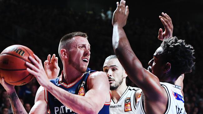 Mitch Creek takes on Melbourne United in the NBL grand final series during his time with Adelaide Picture: Mark Brake (Getty Images)