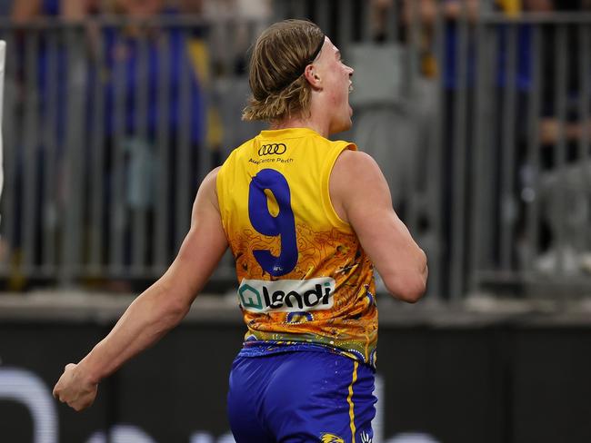 PERTH, AUSTRALIA - MAY 19: Harley Reid of the Eagles celebrates after scoring a goal during the 2024 AFL Round 10 match between Waalitj Marawar (West Coast Eagles) and Narrm (Melbourne Demons) at Optus Stadium on May 19, 2024 in Perth, Australia. (Photo by Will Russell/AFL Photos via Getty Images)