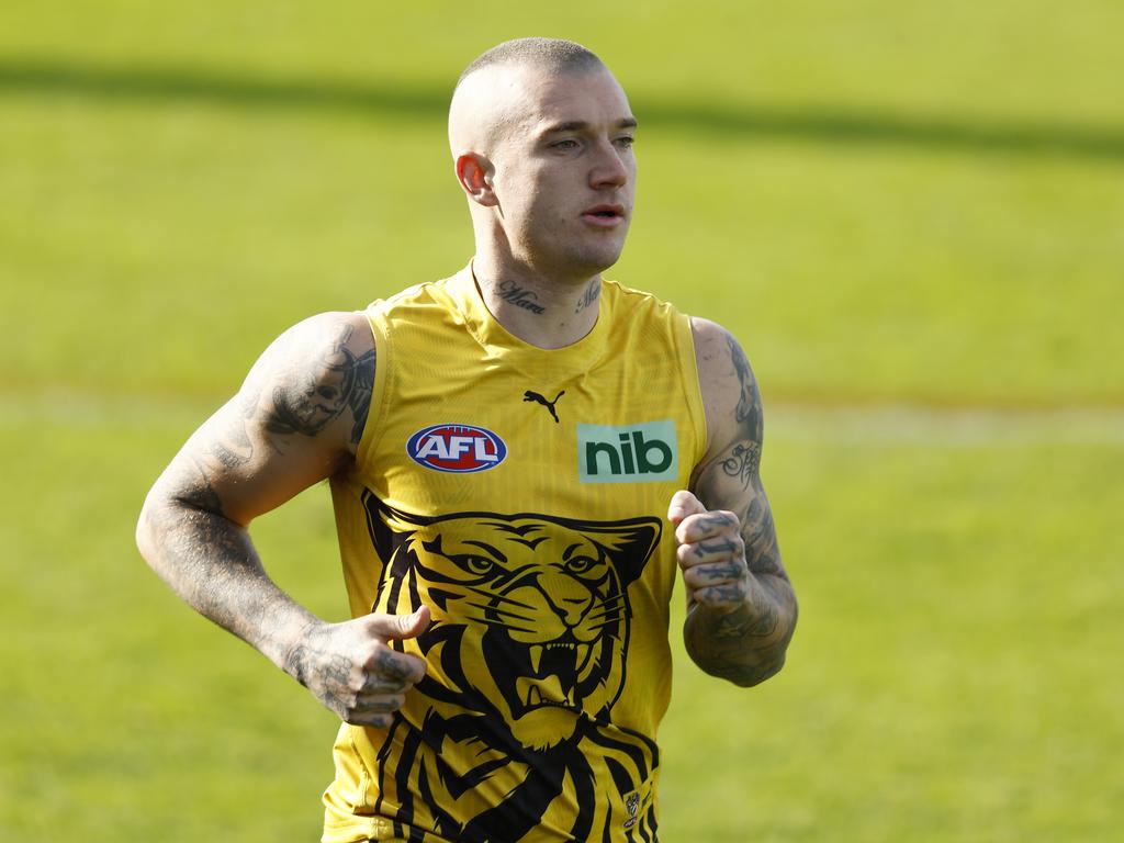 Dustin Martin running laps at Punt Road last week. Picture: Darrian Traynor/Getty Images