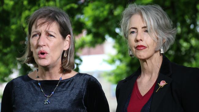 Greens leader Cassy O'Connor and MP Rosalie Woodruff at a media conference on Parliament Lawns on Monday, October 17, 2022.