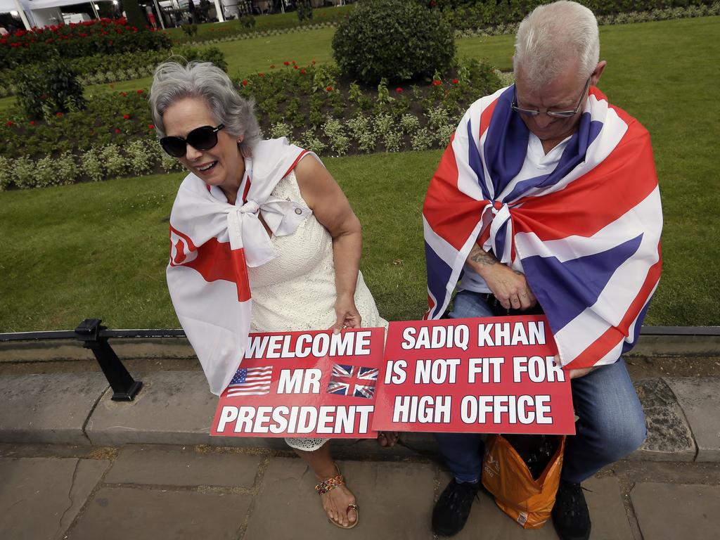 Trump supporters in Trafalgar Square as the police presence was ramped up on London’s streets. Picture: AP Photo/Tim Ireland