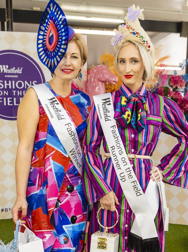 Westfield Fashions on the Field Ladies Winner Anna Lukyanova and Runner-up Bianca Clark at Doomben Racecourse for Melbourne Cup Day. Socials: Damien Anthony Rossi | Pictures: Jared Vethaak