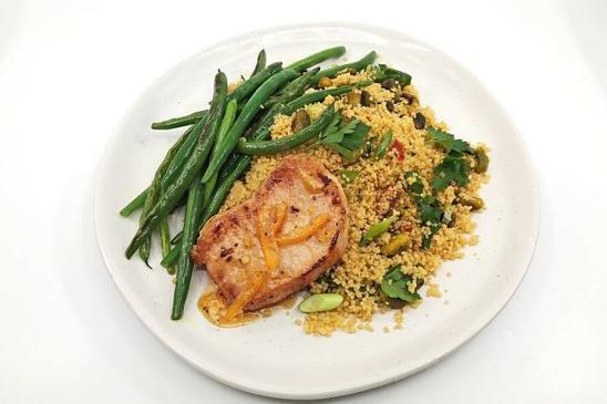 Marmalade pork with pistachio couscous salad