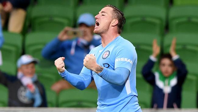 Ross McCormack of City celebrates after he scores a goal, during the round 10 A-League match between Melbourne City and the Central Coast Mariners at AAMI park in Melbourne, Sunday, December 10, 2017. (AAP Image/Joe Castro) NO ARCHIVING, EDITORIAL USE ONLY