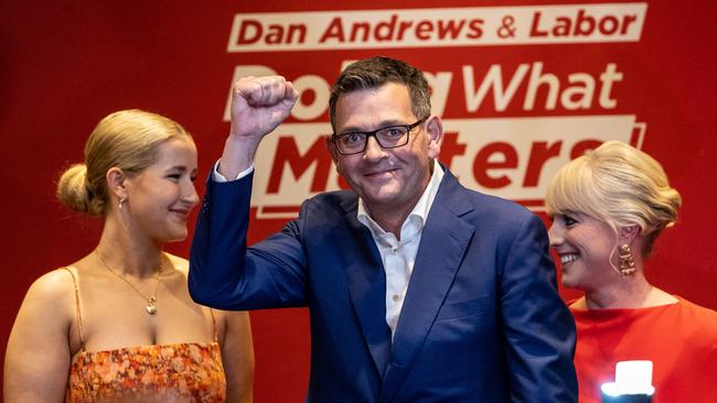 Dan Andrews celebrates winning the 2022 Victorian election by a large margin. Picture: Jake Nowakowski