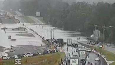 The Bruce Highway was closed at multiple locations between Brisbane and Gympie, and all routes between Caboolture and Caloundra are currently closed during the weather event Picture: Department of Transport and Main Roads