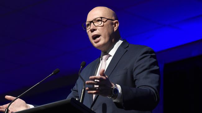 Federal Opposition Leader Peter Dutton addresses the Liberal Party State Council at Moonee Valley Racecourse. Picture: Andrew Henshaw