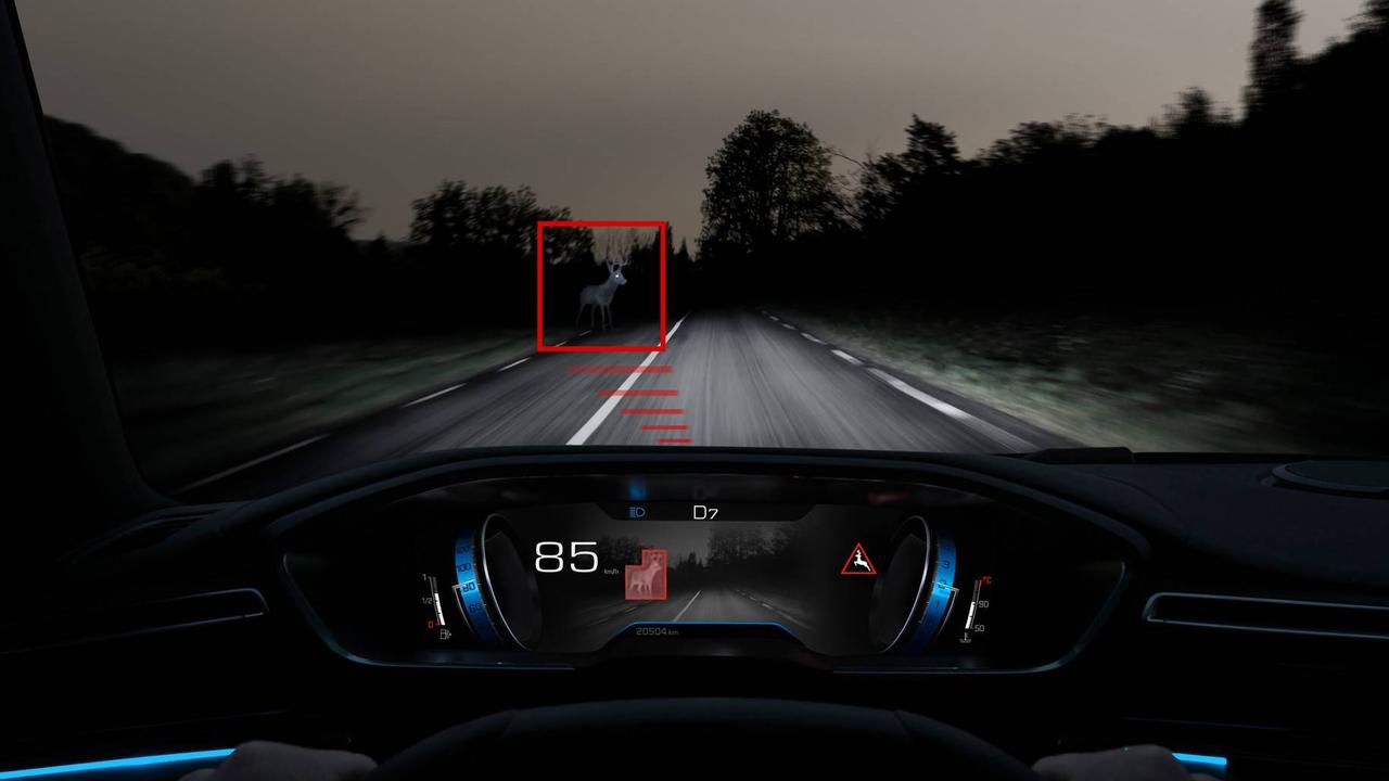 Peugeot’s long-range night vision spots hazards on the road before drawing the driver’s attention to them.