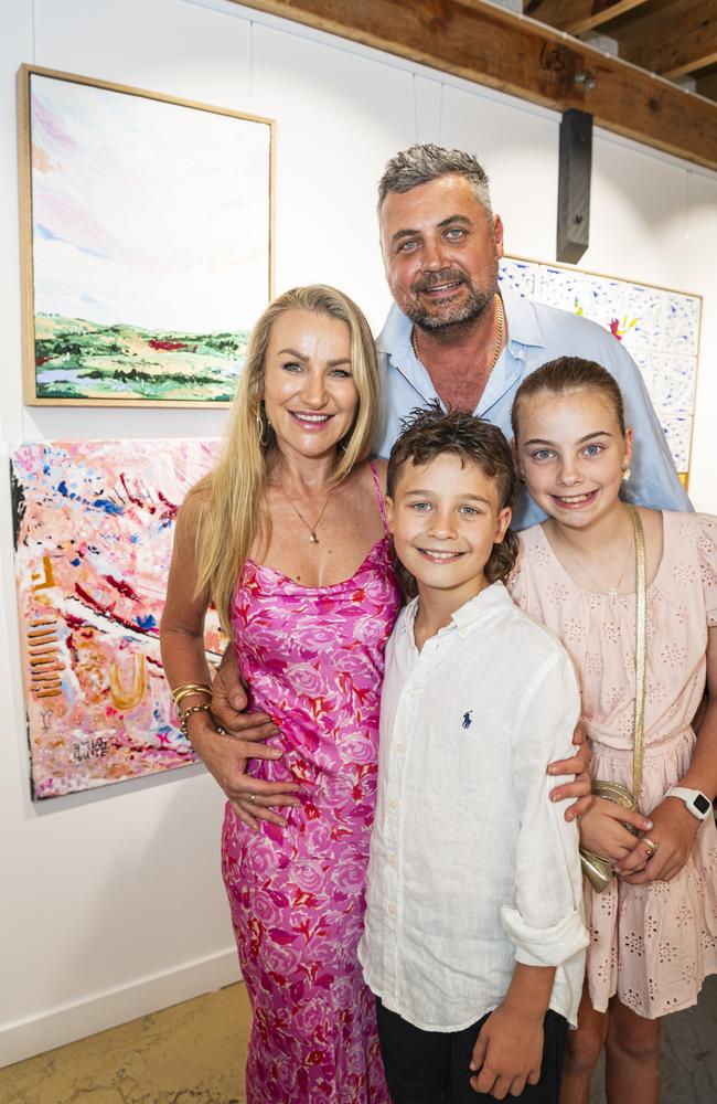 Finalist Emma Cash with her work Madame de Pompadour (bottom) and her family Mason (front), Ben and Mahli Weedon at The Toowoomba Gallery for The Next Big Thing art prize and exhibition, Friday, March 1, 2024. Picture: Kevin Farmer