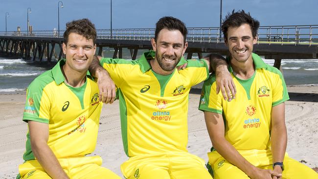 Alex Carey, Glenn Maxwell and Mitchell Starc are pumped for the international season, which starts in Adelaide on Sunday. Picture: Getty Images