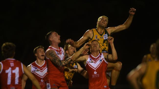 St Mary’s and Waratah compete for the ball in the NTFL 2022-23 opener. Picture: (A)manda Parkinson