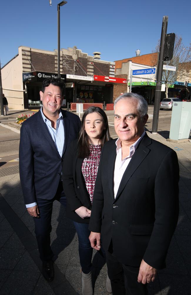 Cr Nick Yap, Cr Stephanie Di Pasqua and Cr Michael Megna pose at Five Dock for a story about new parking restrictions being rolled out in Five Dock town centre.