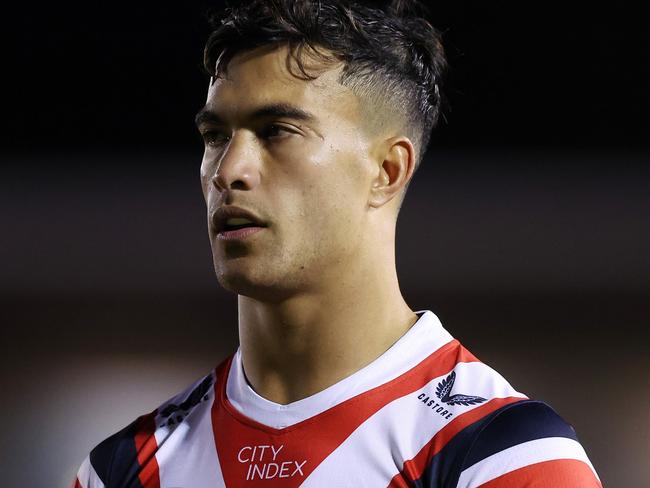 SYDNEY, AUSTRALIA - SEPTEMBER 09:  Joseph Suaalii of the Roosters warms up before the NRL Elimination Final match between Cronulla Sharks and Sydney Roosters at PointsBet Stadium on September 09, 2023 in Sydney, Australia. (Photo by Mark Metcalfe/Getty Images)