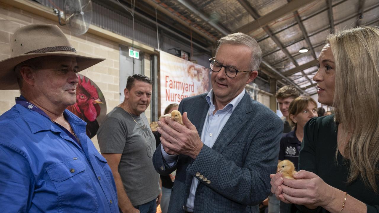 Labor leader Anthony Albanese at the Sydney Royal Easter Show with partner Jodie Haydon and farmer James Kemp (left). Picture: Monde Photography on behalf of RAS of NSW