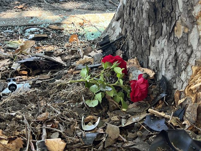 A floral tribute left at the scene of the horror Footscray crash. Picture: Fergus Ellis