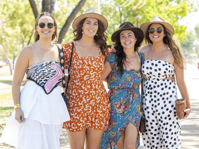 Rachel Templer, Millie Lowndes, Elle Conway and Quincy Conway at the Katherine Races 2022. Picture: Floss Adams.