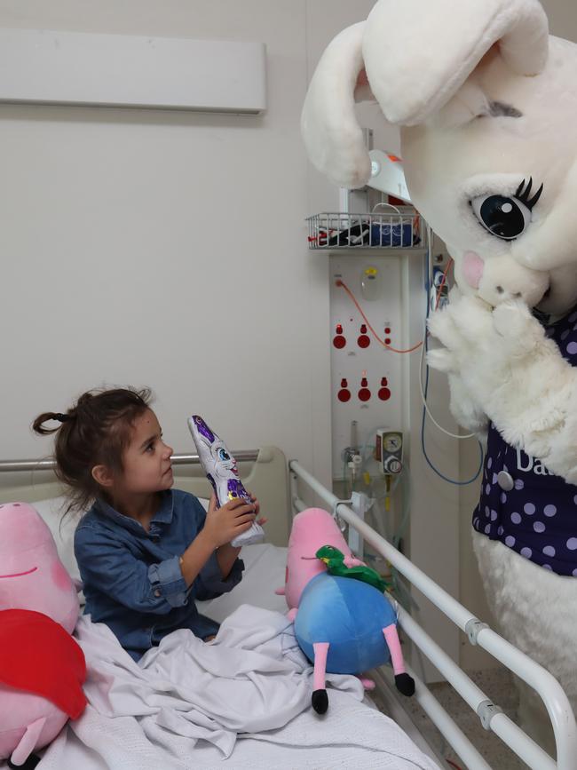 The Easter Bunny visits Wyntah, 5, at the RCH. Picture: Alex Coppel