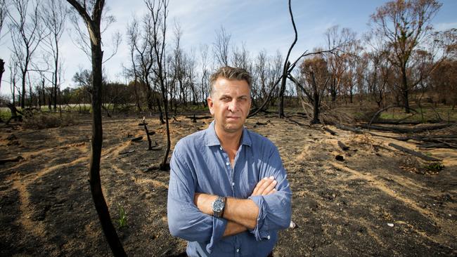 Constance surrounded by blackened ground in the fire aftermath.