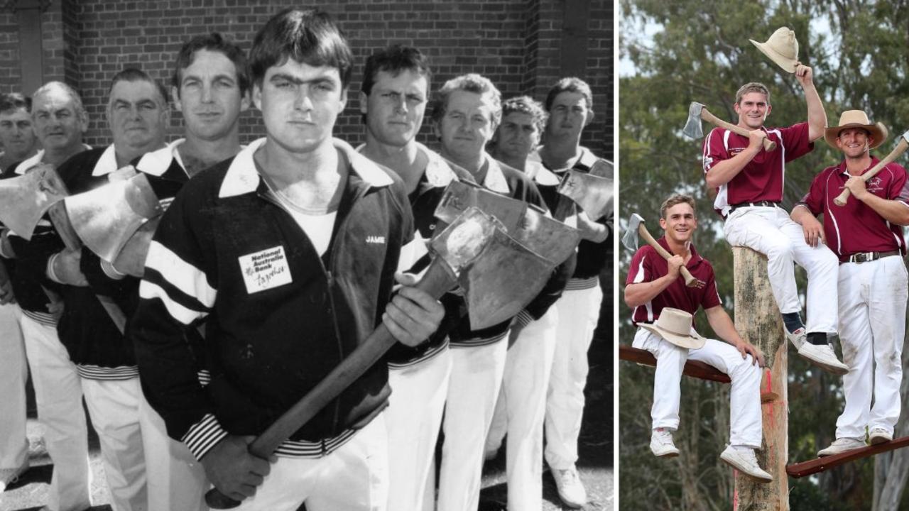 The Dingle family has had a long and hallowed history with woodchopping across Queensland. Left image: Dingle family of competitive log choppers (l-r) Peter, 29, Donald, 54, Morris, 56, Bradley, 28, Jamie, 20, Clive, 21, Harvey, 47, Rodney, 24 and Lindsay, 25, in Adelaide to compete at the Royal Adelaide Show woodchopping events, 31 Aug 1990. Right image: Woodchopping brothers Weston, 22, Dustin, 20, and Jake Dingle, 26, at Redcliffe Showgrounds. Photographer: Liam Kidston.