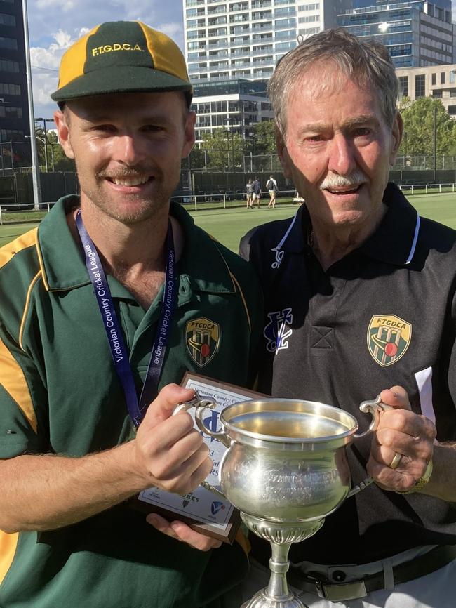 Ferntree Gully captain Nathan Walsh and VCCL Hall of Fame inductee Norm Reeves at the Albert Ground. Picture: Supplied