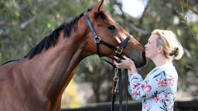 Trainer Amy Johnston and Skyfire at her property in Mornington. Picture: David Geraghty