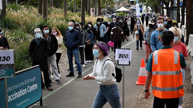 Residents queue up for their dose of the Covid-19 vaccine at the Homebush vaccination centre in Sydney. Picture: AFP