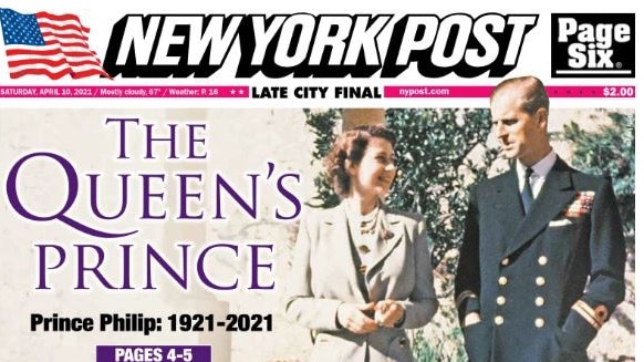 Prince Philip’s death is reported on the front page of the New York Post. Picture: Supplied