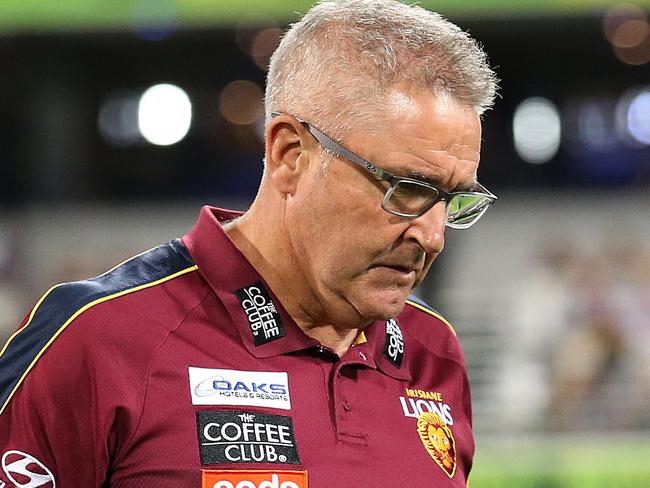 BRISBANE, AUSTRALIA - SEPTEMBER 07: Brisbane coach Chris Fagan looks on during the AFL 2nd Qualifying Final match between the Brisbane Lions and the Richmond Tigers at The Gabba on September 07, 2019 in Brisbane, Australia. (Photo by Jono Searle/AFL Photos/via Getty Images)